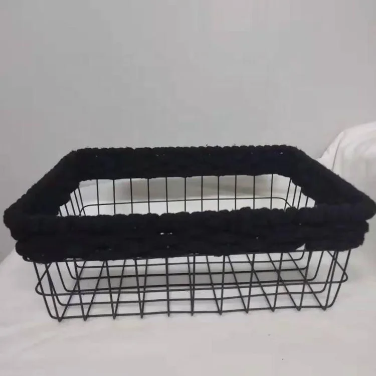 China manufacturer black wire storage basket with cotton rope woven on the top