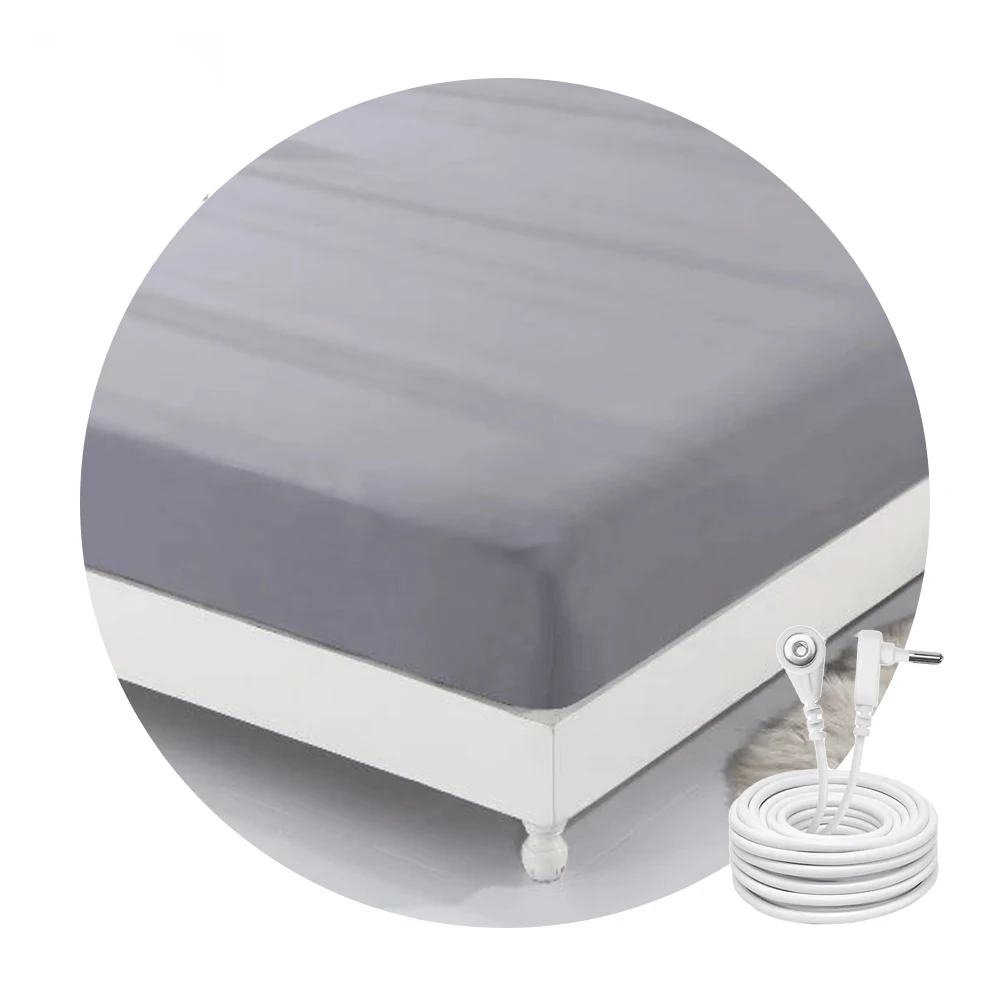 Grounding Sheets Queen Size Organic Cotton Silver Fiber 12 inch Depth Grey Fitted Earth Bed Sheets with Grounding Cord For Home