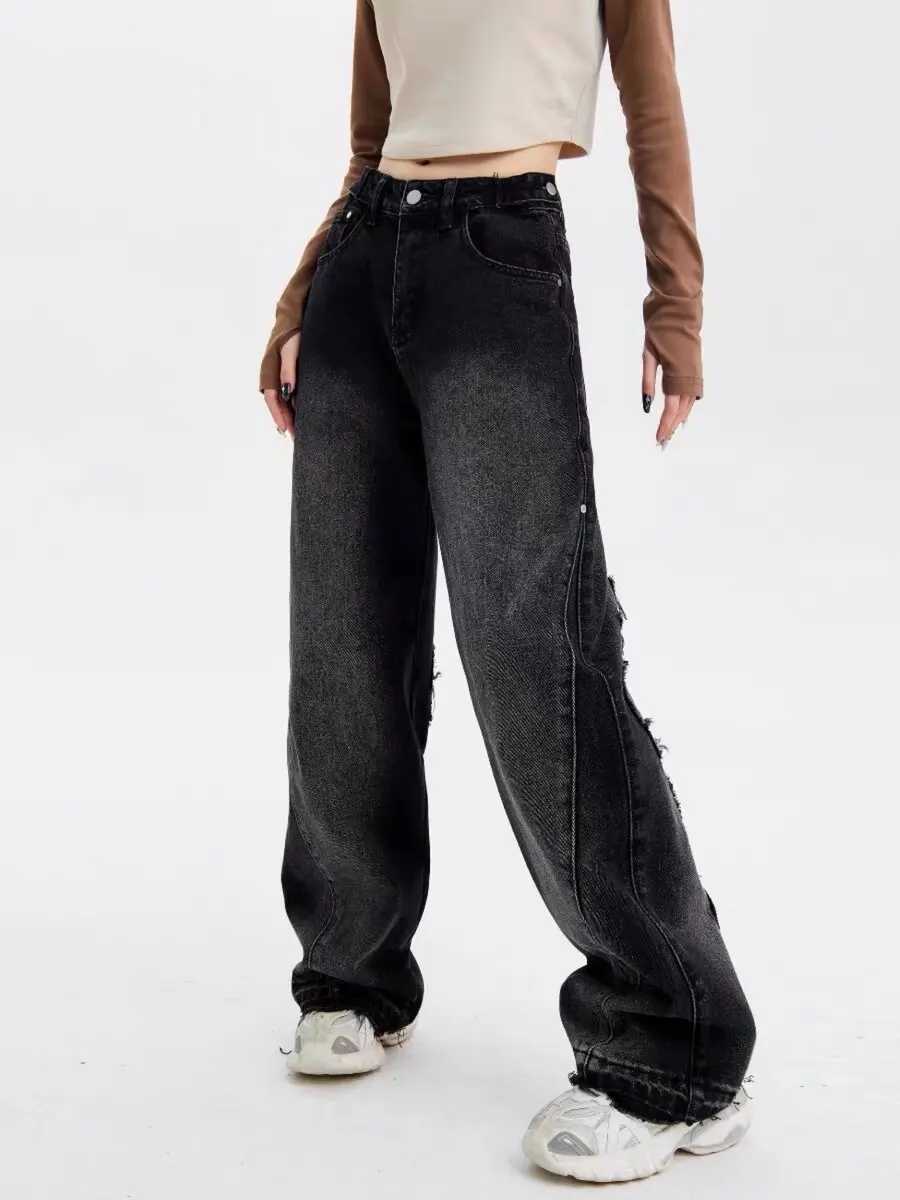 Streetwear Mans Washed Baggy Jeans Back Bat Embroidery Patches Sun Fade Denim Pants For Women