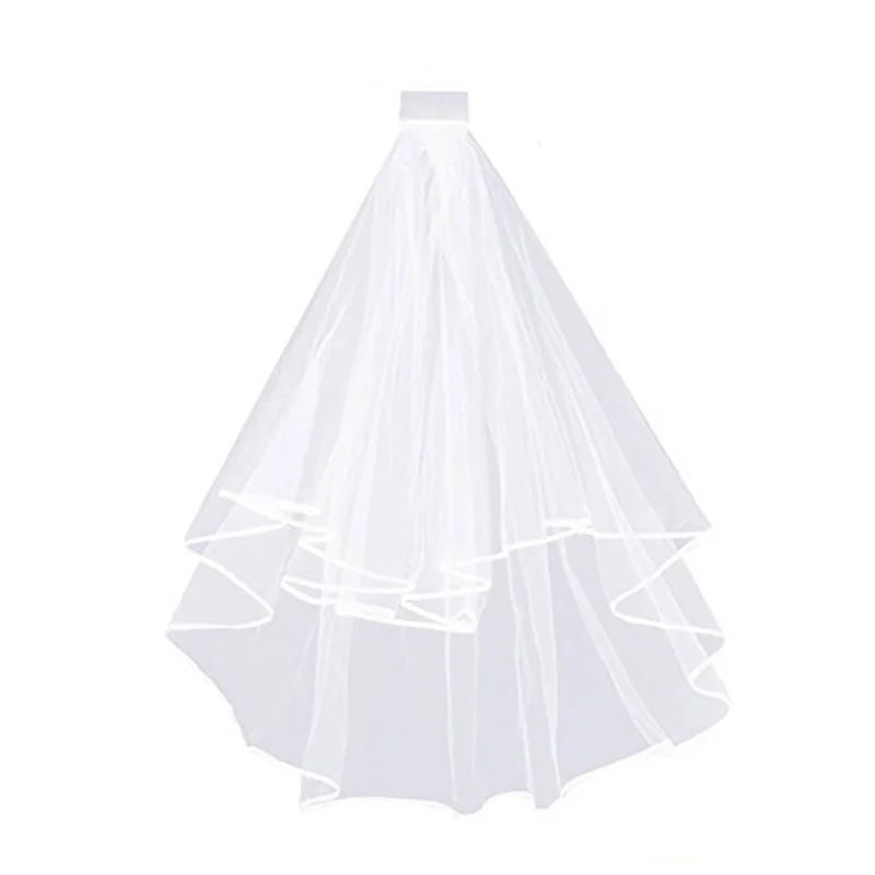 White Double Ribbon Edge Center Cascade Wedding Veil Bridal with Comb Wedding Accessories