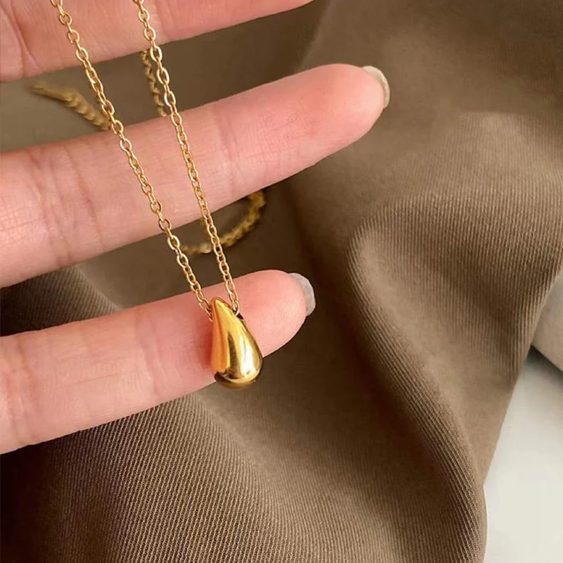 Fashion 18k Gold Water Drop Pendant Necklace Small Golden Bean Necklaces For Women Stainless Steel Necklace