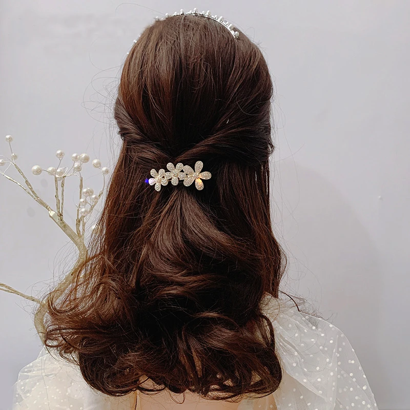 Hot Fashion Rose Gold Zinc Alloy Hair Clip Rhinestone Glass Stone Side Clip Flower Hair Clip Accessories