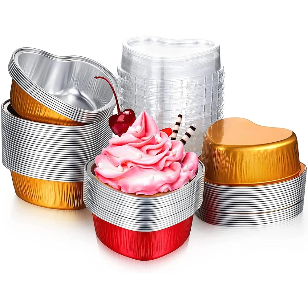 Disposable Heart Shaped Cake Pan Colorful Aluminum Foil Baking Mold Cupcake Pudding Cups with Plastic Dome Lid