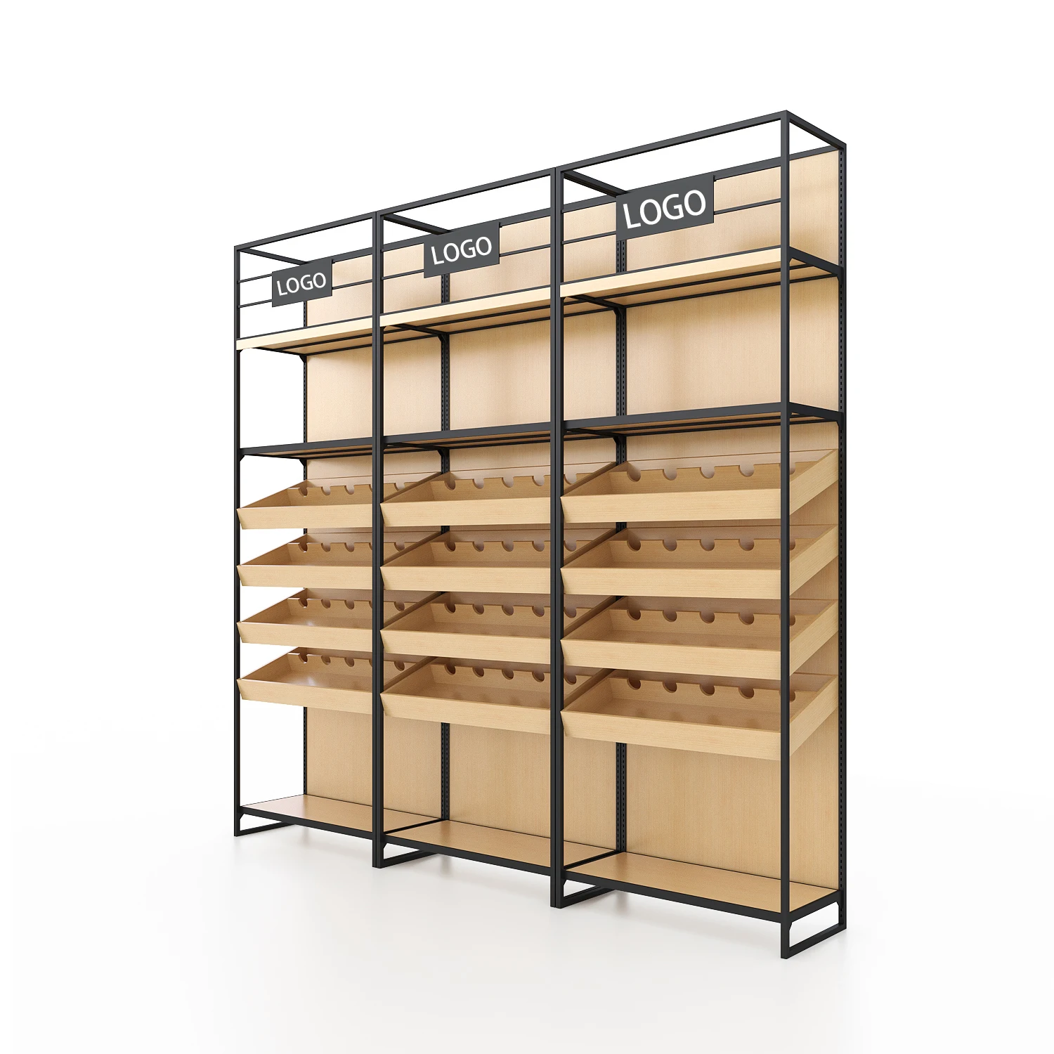 Assurance factory american wooden wine wall gondola supermarket shelves store and display metal stand for retail