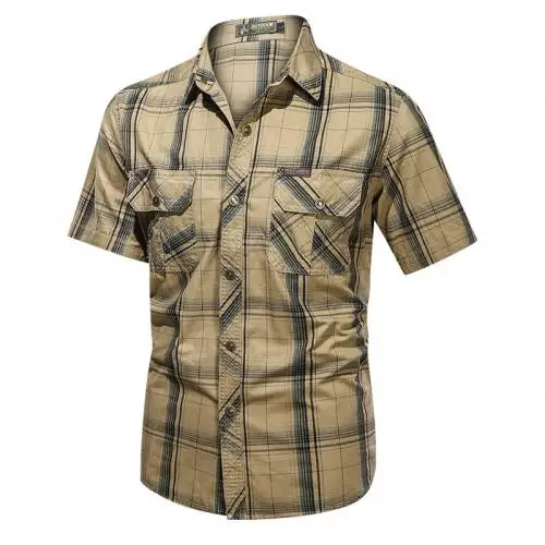 summer hot sale Plus Size Men Short Sleeve Casual Shirt Polyester printed plaid lapel collar man shirts 702042