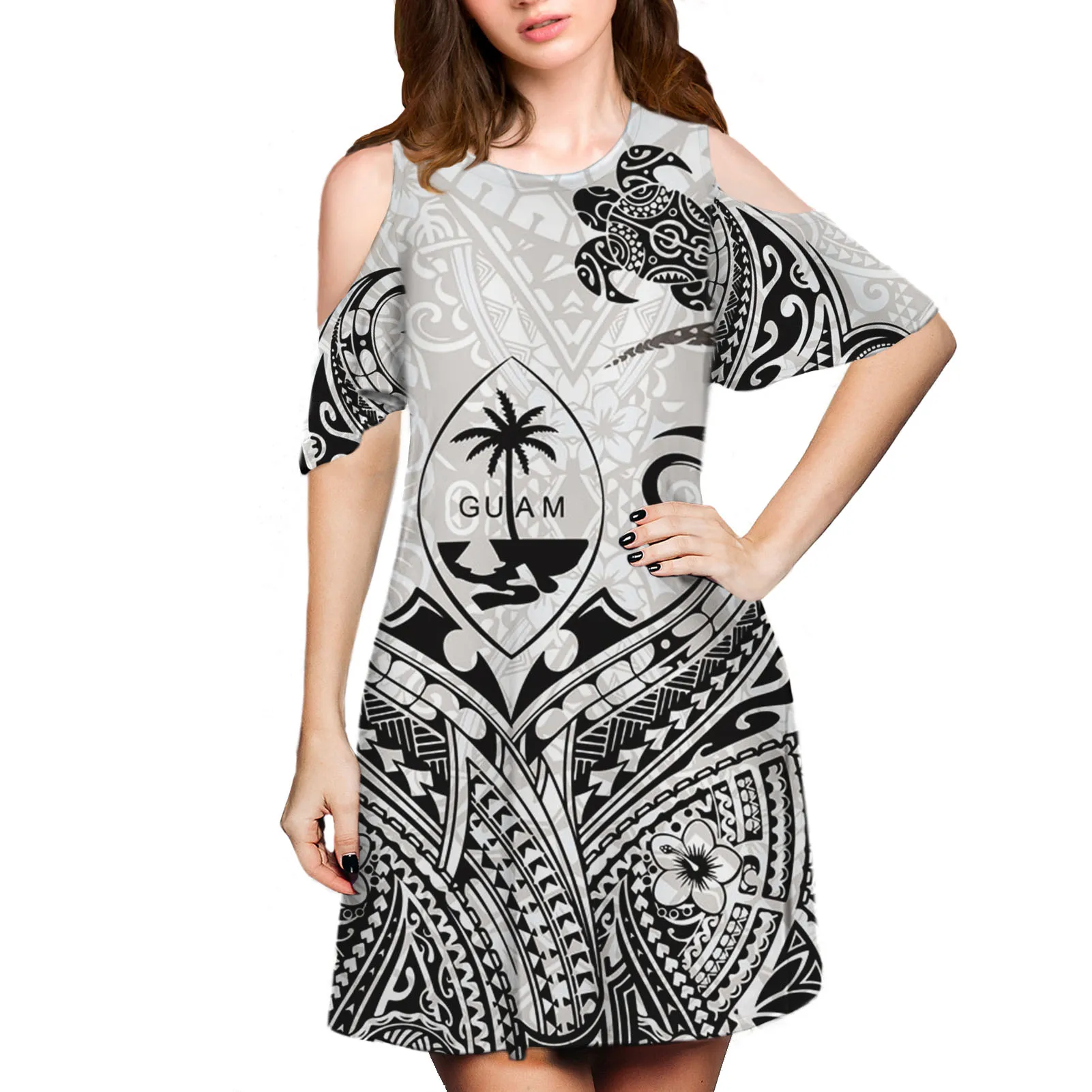 Custom 1MOQ Polynesia Tonga Printed Cold Shoulder Tribal Design White/Red Custom Logo Cold Shoulder Maxi Dress Tribal Design