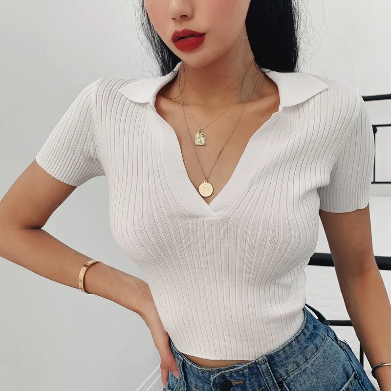 collared cropped tee skinny ribbed v neck button women crop top shirt blouse with collar For girls