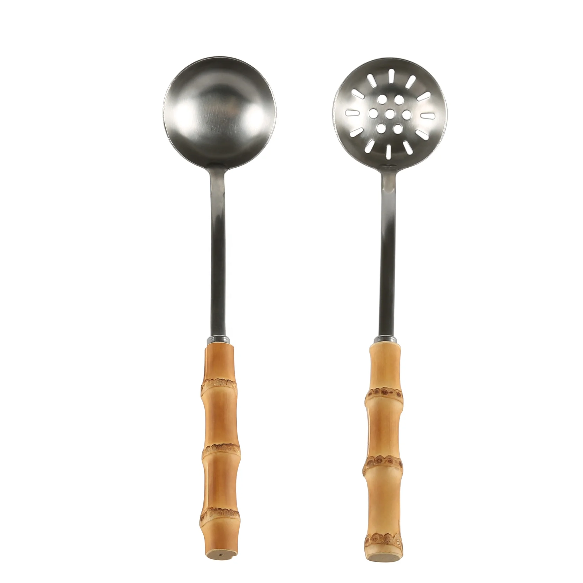 Tableware Cutlery 304 Stainless Steel Long Bamboo Root Wooden Handle Soup Ladle Colander Slotted Serving Spoon Set for Hot Pot