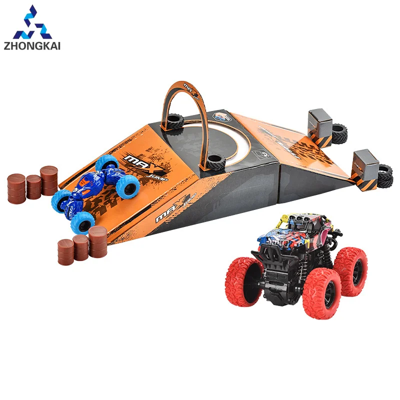 Bemay Toy Double-direction Pull Back Double Inertial Stunt Car Set Scene Playing Toy Car