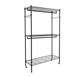 Garment Storage Shelf Clothing Rack with Double Clothes Hanging Rods and Lockable Wheels