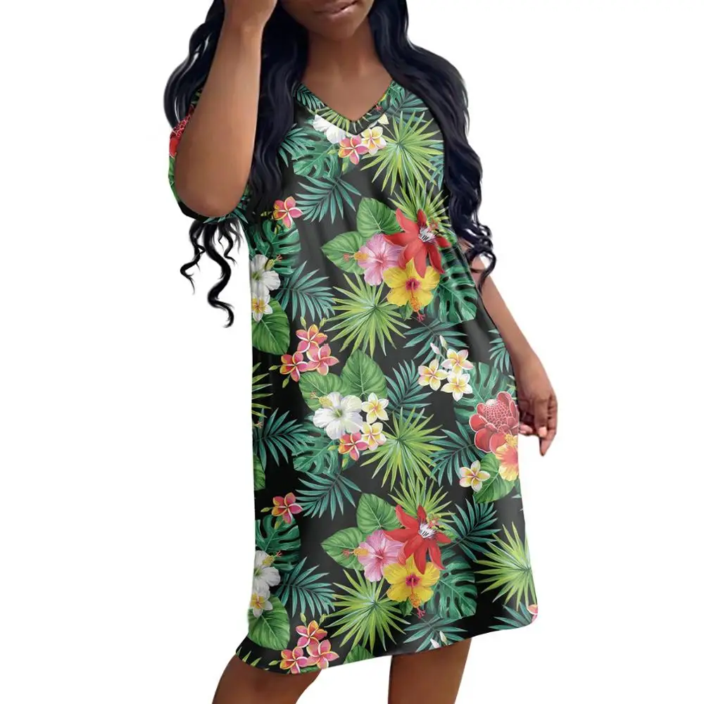 Floral Dress Red Rose Polynesian Dress Tribal Hibiscus Flowers Pattern Women Nightdress Custom 3D Print Nightgown for Ladies