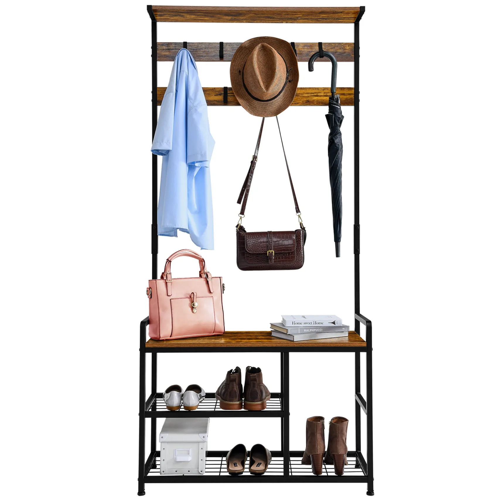 
Wholesale Entryway Furniture Industrial Wooden Metal Hall Tree Clothes Coat Hanging Shelf Shoe Coat Rack Stand with Bench 