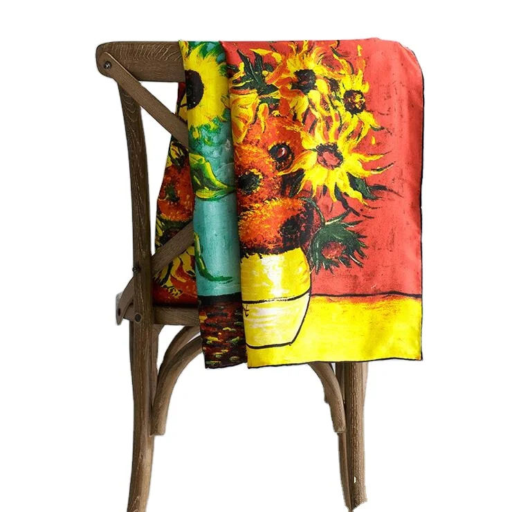 China Manufacturer Wholesale Van Gogh Flower Pattern Printed  Square Silk Scarves