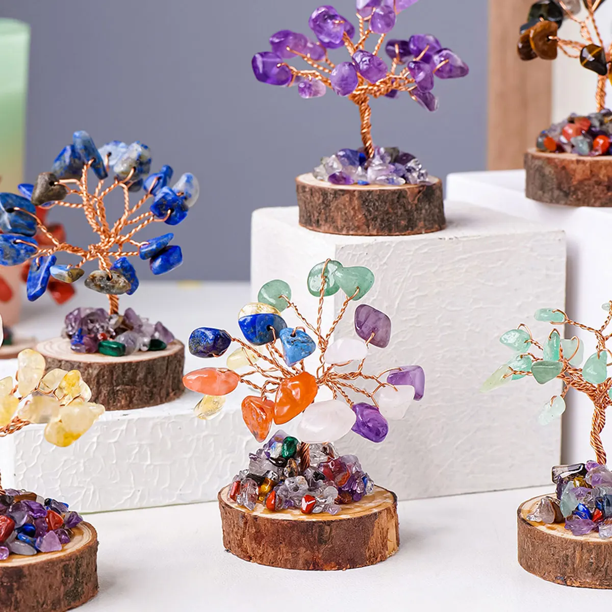 Wholesale Crystal Gravel Wealth Tree Gemstone Crafts Wooden Pile Base Crystal Tree Home Ornaments