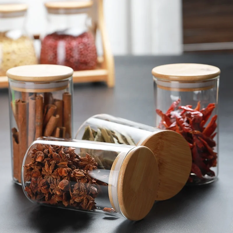 Glass spice jars new design spice bottle jar  unique clear spice jars with bamboo lid 500 ml