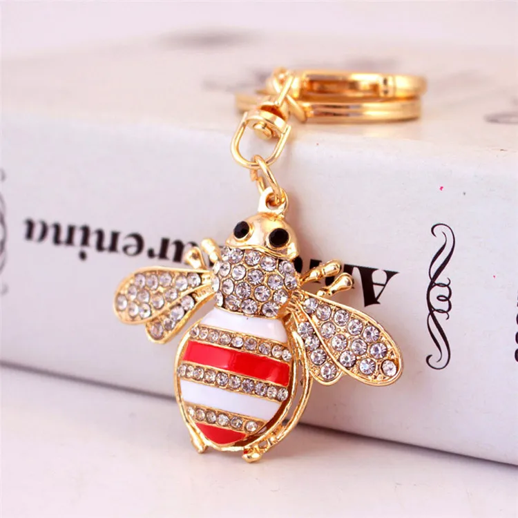 Hot Selling New Fashion Cute Rhinestones Metal Little Honeybee Bee Car Insect Keychain Pendant Ornament