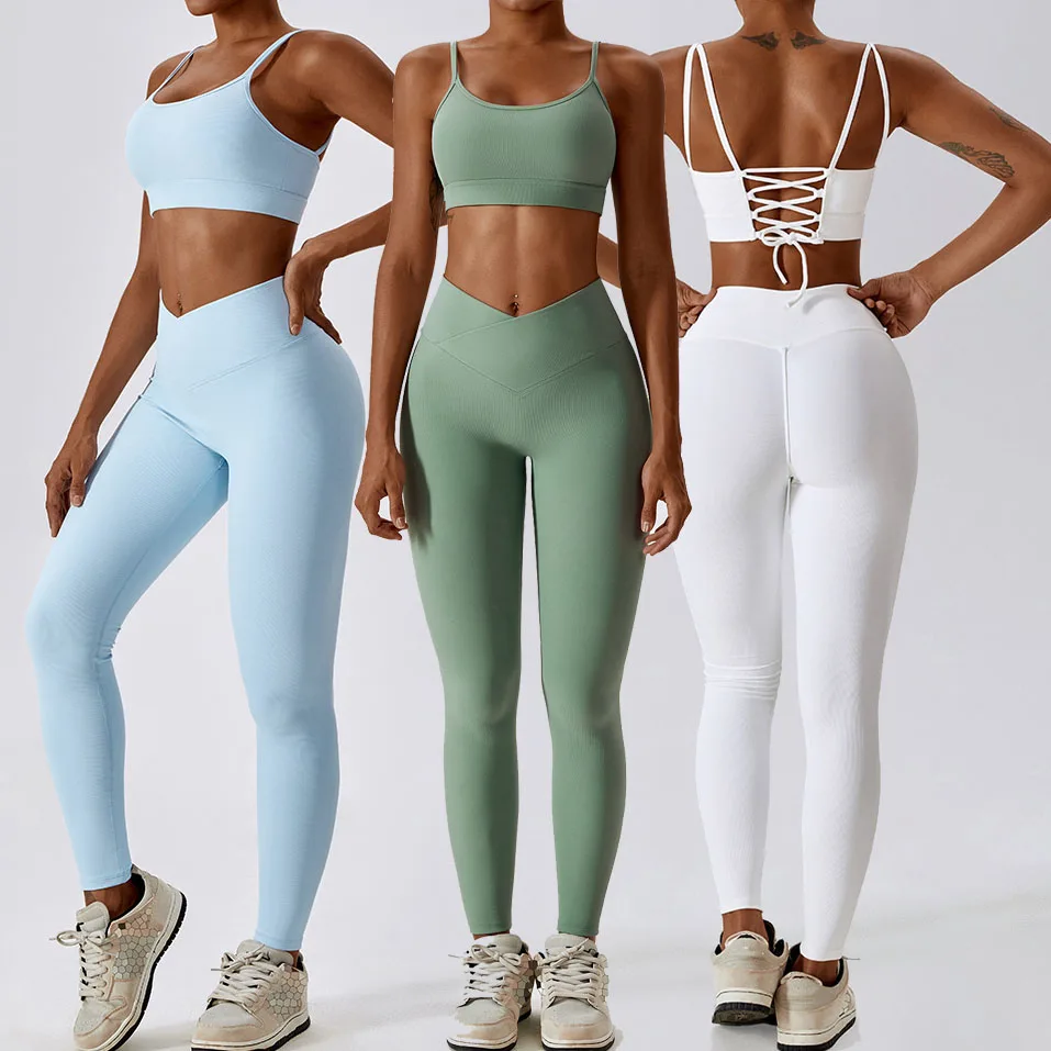 YIYI Back Bandage Adjustable Bra Outdoor Outfits Cross Waist Leggings Sets Women Size Tights For Fitness Workout Female Gym Wear