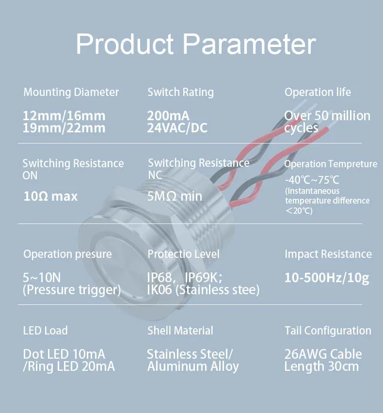 ONPOW Metal IP68 IP69K 19mm momentary waterproof wide ring  metal piezo switch piezoelectric switches