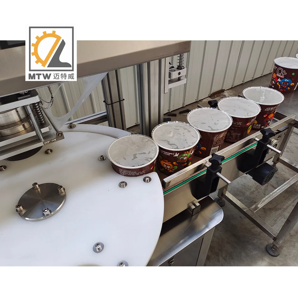 MTW double heads fully automatic meal tray can aluminum foil lids Plastic PET Jar/Bucket sealing machine