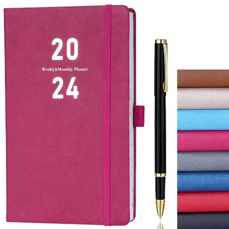 Custom Pu leather Monthly yearly Daily Diary Hardcover planner Organizer cover leather notebook set with pen
