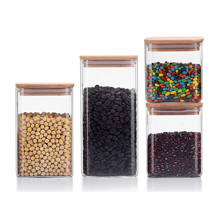 Wholesale borosilicate cookie candy honey food glass storage jar with airtight bamboo lid storage tank