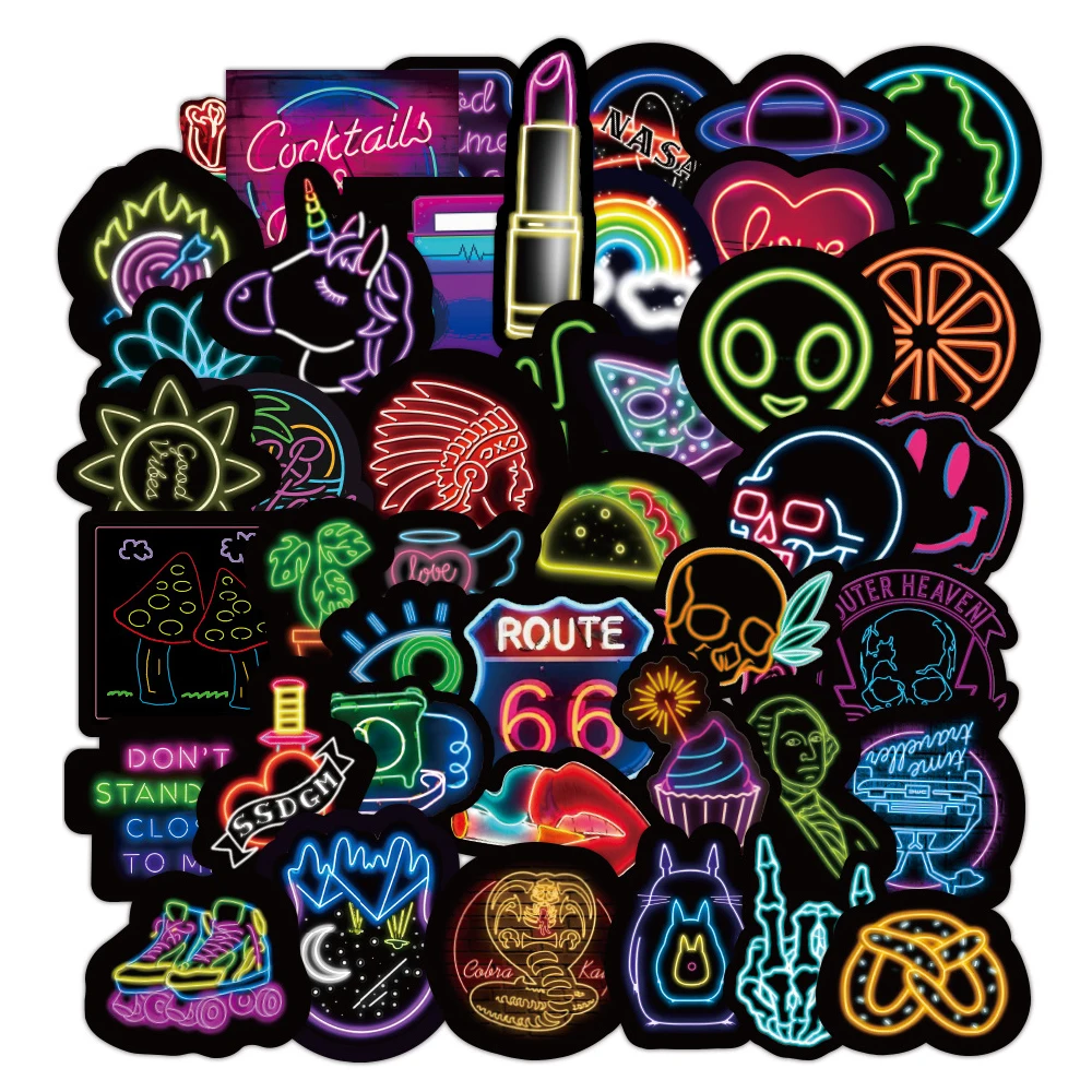 50Pcs Fashion Neon Lights VSCO Logo Decorative Stickers For Notebook Laptop Waterproof Vinyl Black Decor Sticker