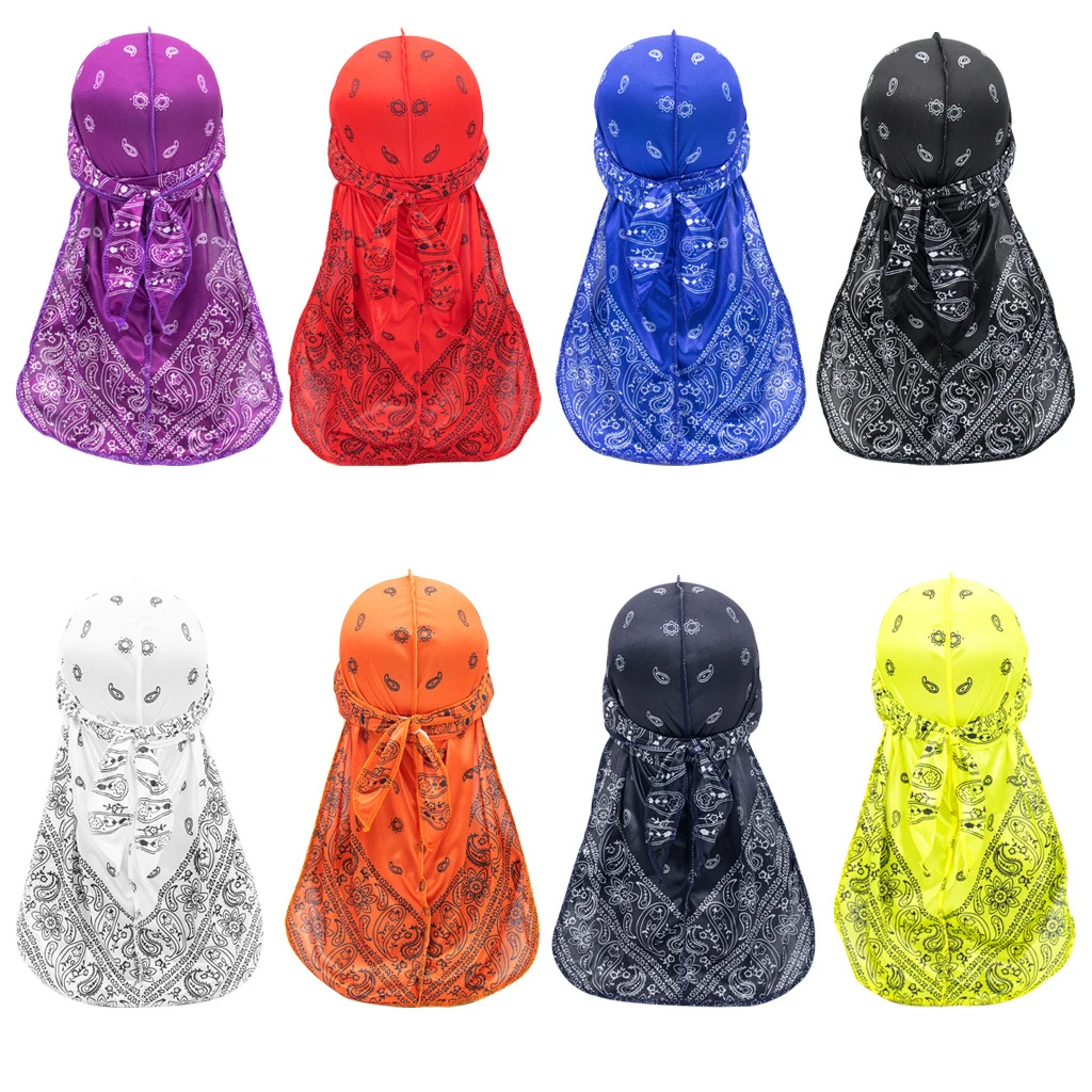 Wholesale Hip Hop Long Tail Designer 360 Waves Du Rags Bandana Paisley Durag Men Satin Silk Duragesic Cap