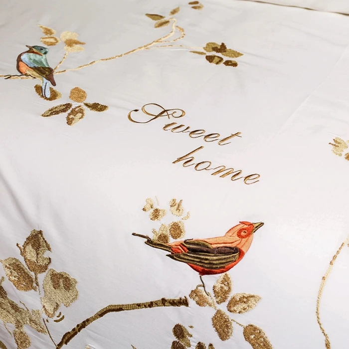 Wholesale luxury 60S 300T yellow chinese style Birds and flowers embroidery duvet cover set korean bedding set