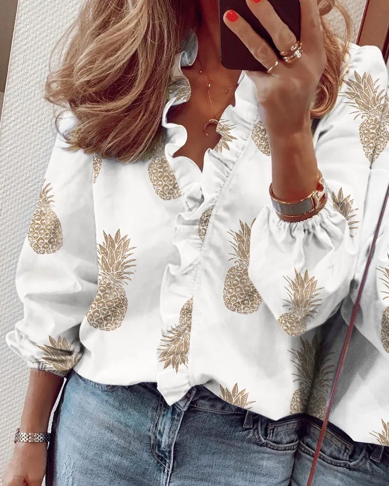 S-5XL Spring Summer Elegant Women Pullover V-neck Shirts Fashion New Ruffles Long Sleeve Tops Office Lady Vintage Blouse Shirt