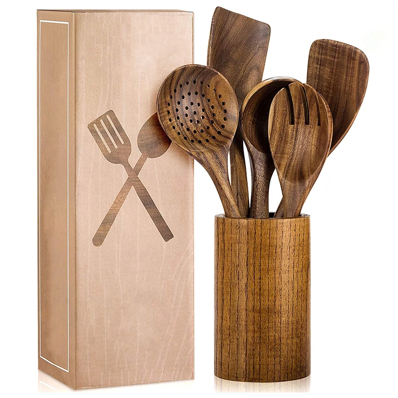Eco-friendly Biodegradable Amazon Hot Sale 7 Pcs cuisine Custom Logo Kitchen Cooking Tool Spoon Spatula Teak Wooden Utensils Set