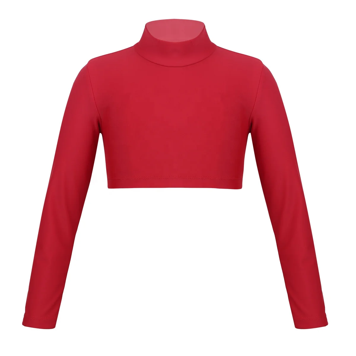 Children Kid Girls Crop Top Solid Color Long Sleeves O-Neck Crop Top for Dancing Stage Performance Workout Ballet Class Dance