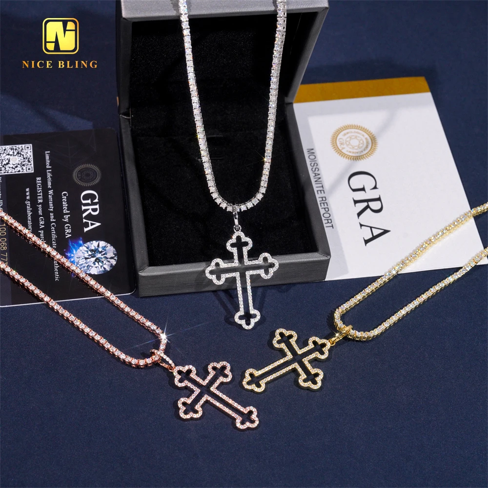 Hip Hop Jewelry 925 Silver Moissanite Diamond Cross Pendant Unisex Charm Iced Out Cross Pendant with Cz Tennis Chain