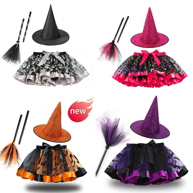 Girls Halloween Witch Cosplay Costume Theme Party Carnival Elf Witch Cosplay Skirt Mesh Print Tutu Dress with Hat Broom