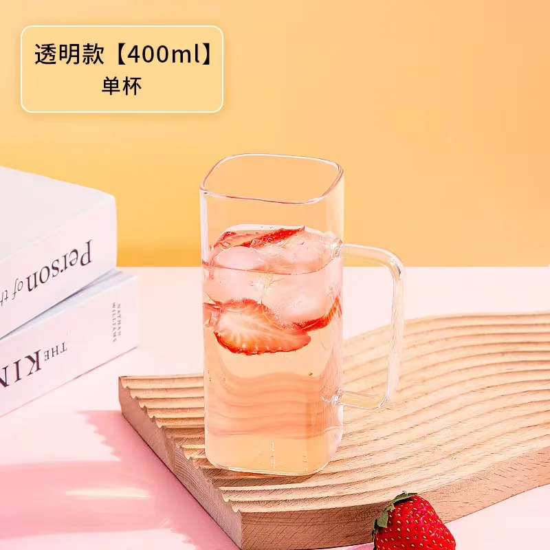Rectangular Cups Glass Straw Square Drinking Glass with Handle Bamboo Lid Tumbler Transparent Iced Coffee Glass for Water Bottle