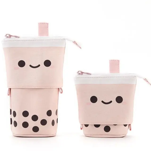 1 Set Cute Boba Milk Tea Telescopic Pen Bag Pen Pencil Holder Stationery Case Stand Up Pencil Case Pen Box Stationery Pouch Bag