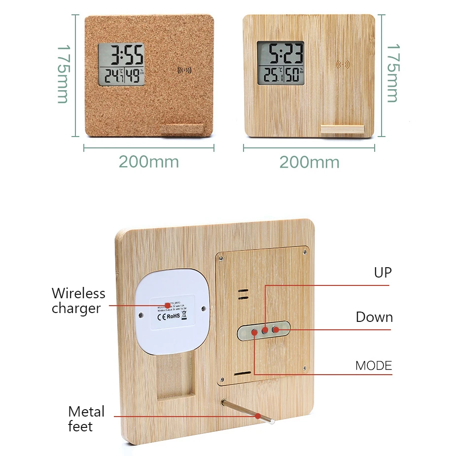 Multifunction Bamboo Cork Wood 2 in 1 Digital Alarm Clock Wireless Charger Stand for desk office