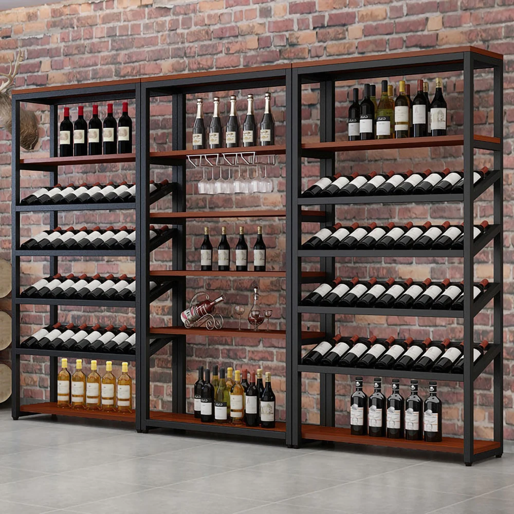 iYubo High Quality Led Lights Pub Wall Mount Bar Shelf Display Wine Bar Cabinet Wooden Metal Wall Wine Display Rack