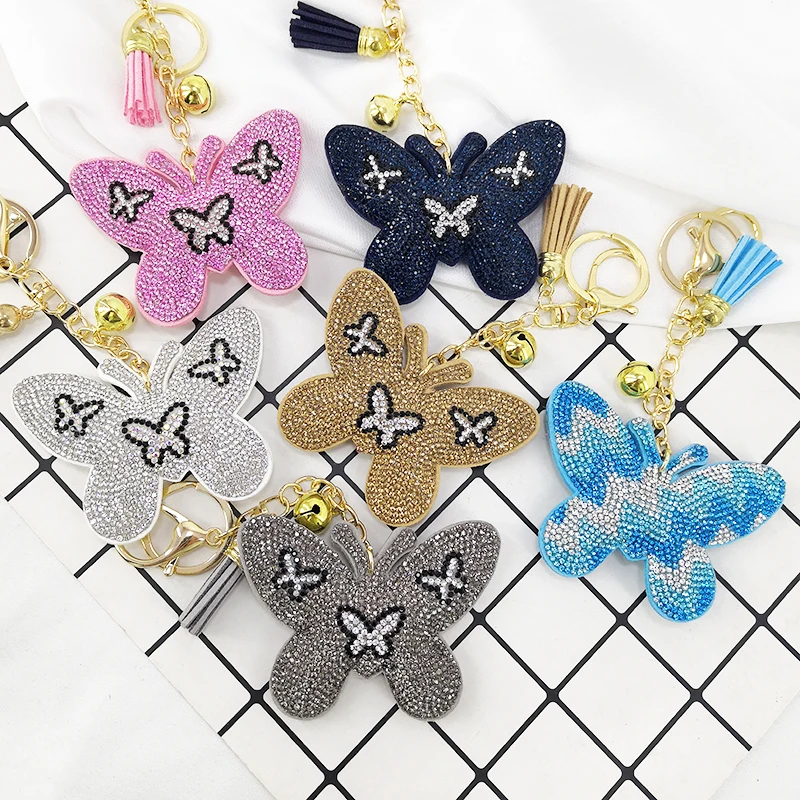 Creative Korean Velvet Diamond Butterfly Insect Keychain Pendant Tassel Bag Car Charm Flash Diamond Accessories