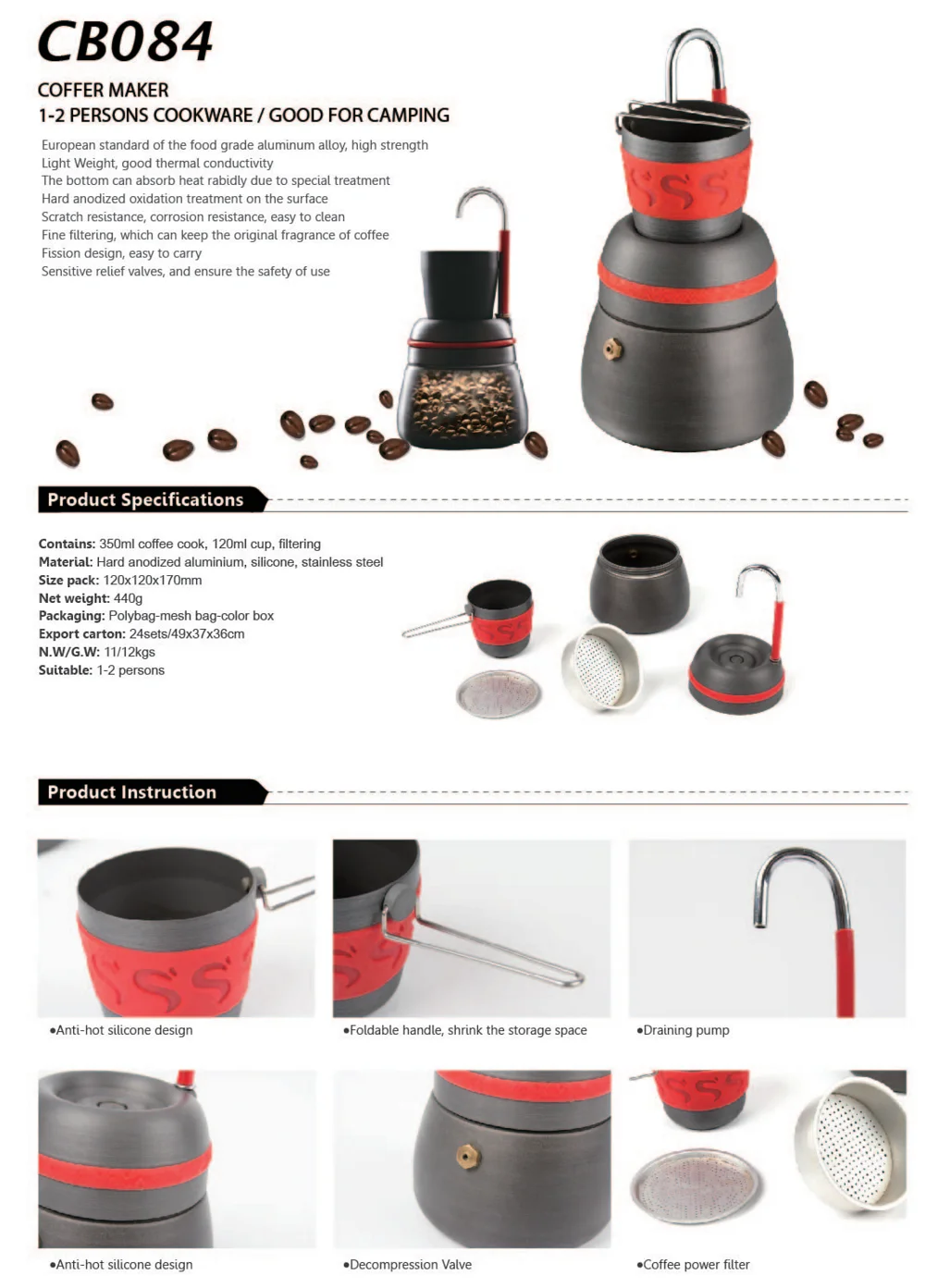 Kingpool Wholesale Portable Outdoor Camping Coffee Maker Metal Insulated Mocha Pot for Travel