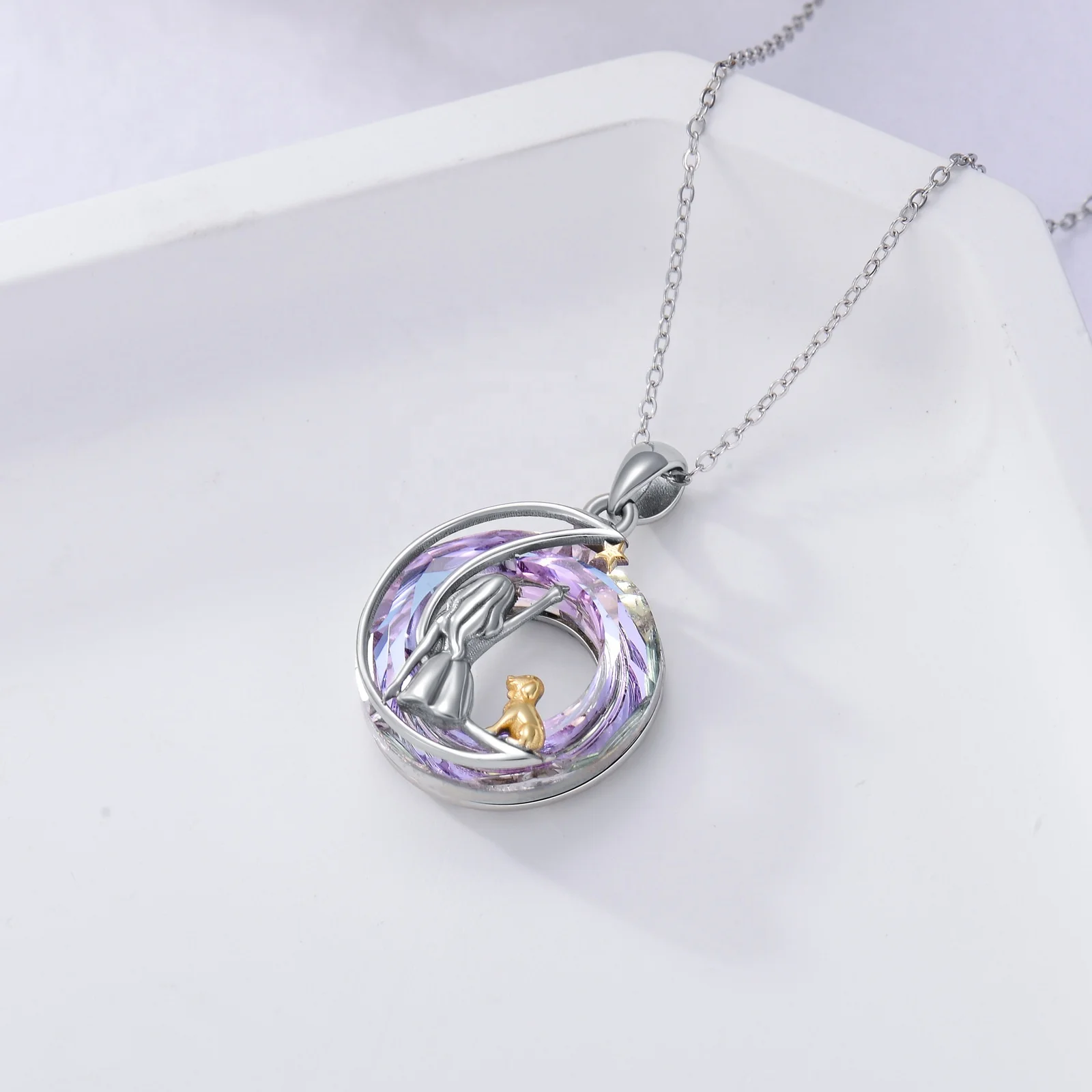 YFN Jewelry Pet Design 925 Sterling Silver Two Tone Dog and Girls Colorful Crystal Necklace