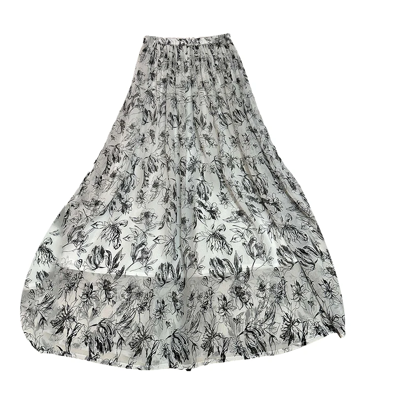 customized  Chinese wind  pure 100 silk elegant half skirt double quality print all stylish ladies long dress