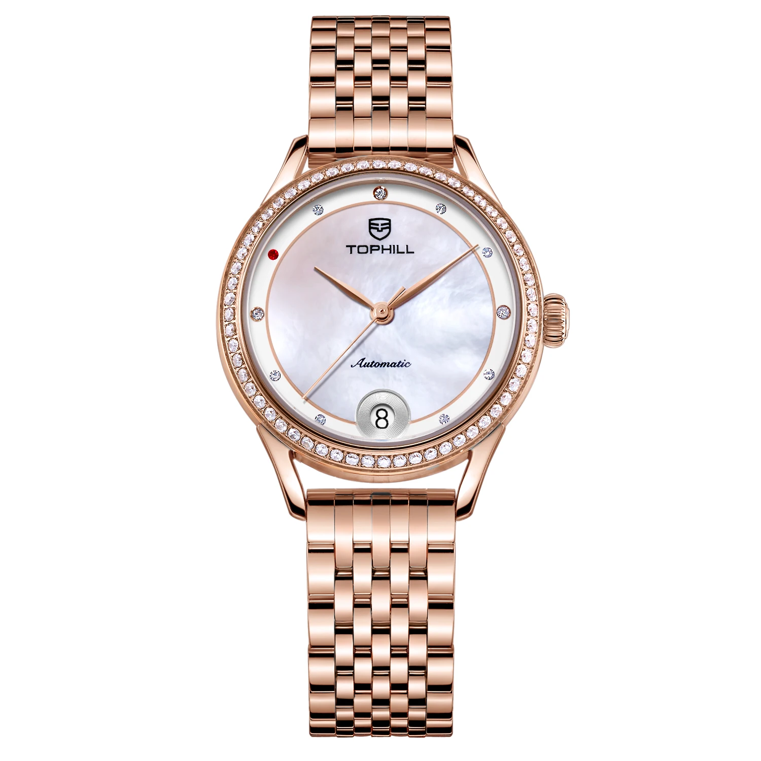 Tophill Custom OEM Luxury Diamond Stainless Steel Straps Swiss Automatic Movement Ladies Mechanical Womens Rose Gold Watches