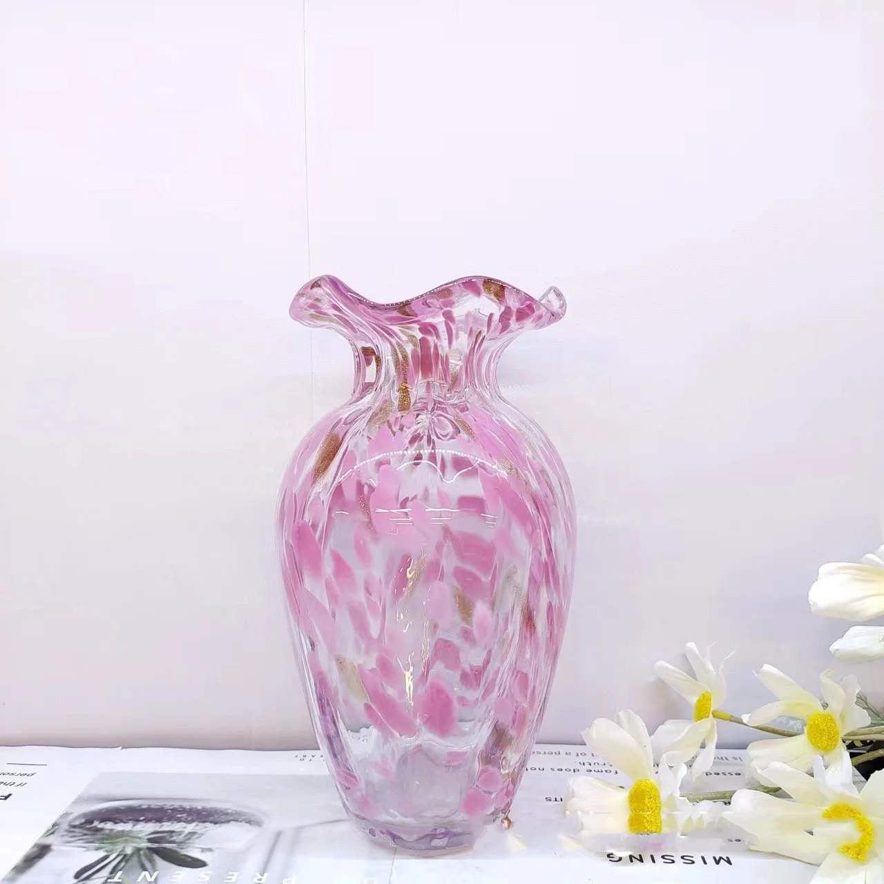 Interior Decor Colored Cherry Pink Vase Color Glazed Liuli Murano Glass Unique Europe Customized MJ Hand Made Blown Artist Home