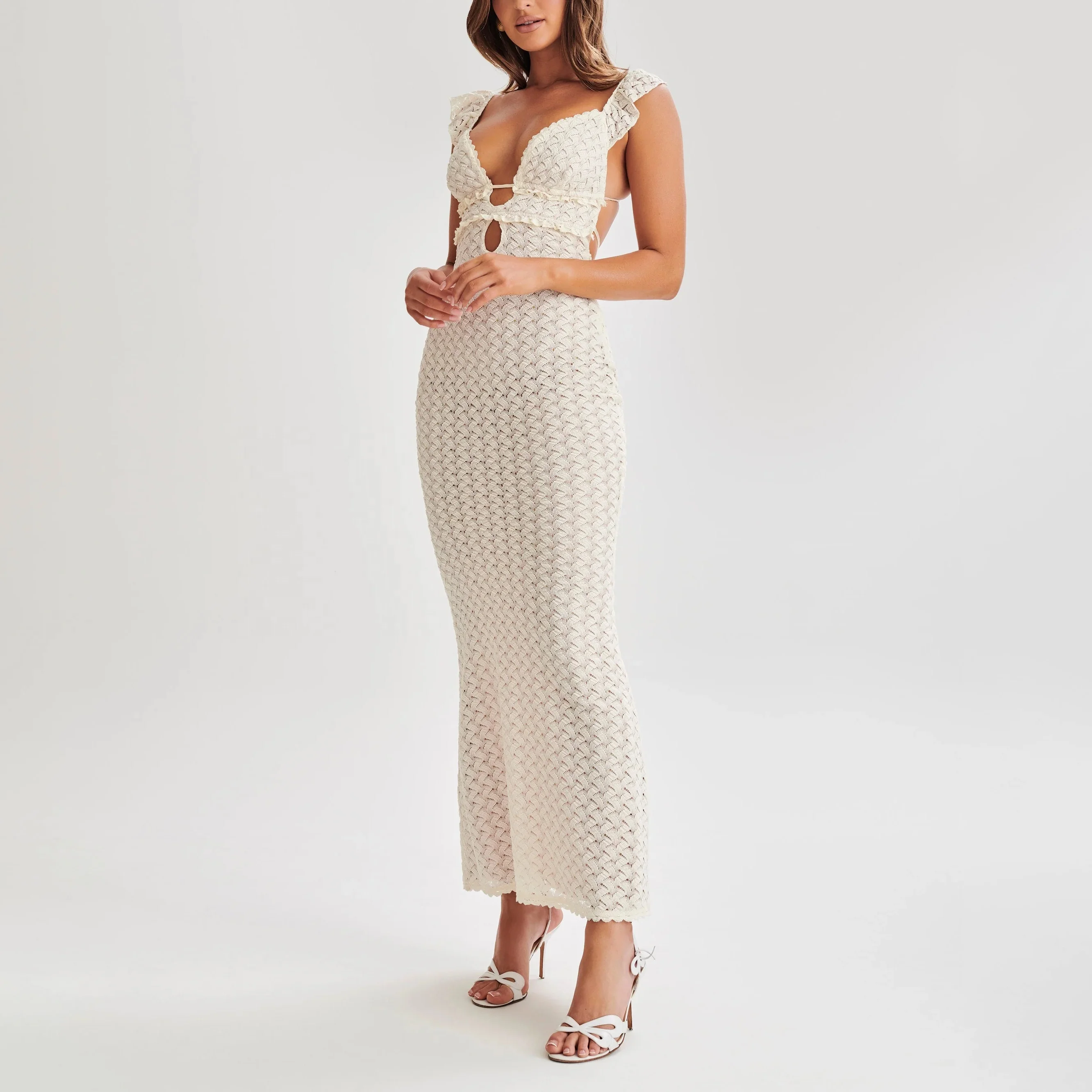 OEM Women Clothes Manufacturer V Neck Sleeveless Backless Lady Dresses Boutique Breathable Summer Women Lace Dress