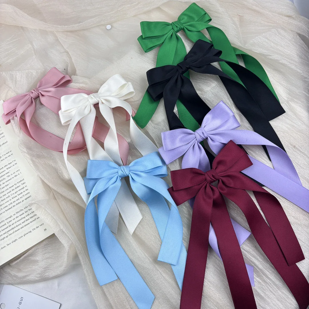 Good quality korean sweet style Hair Accessories Large Satin Hair Ribbon Bows with Long Tail Hair Barrettes
