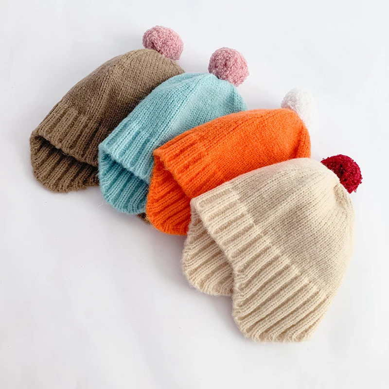 Cute warm custom knit hat pom pom child beanie knitted winter beanies kids