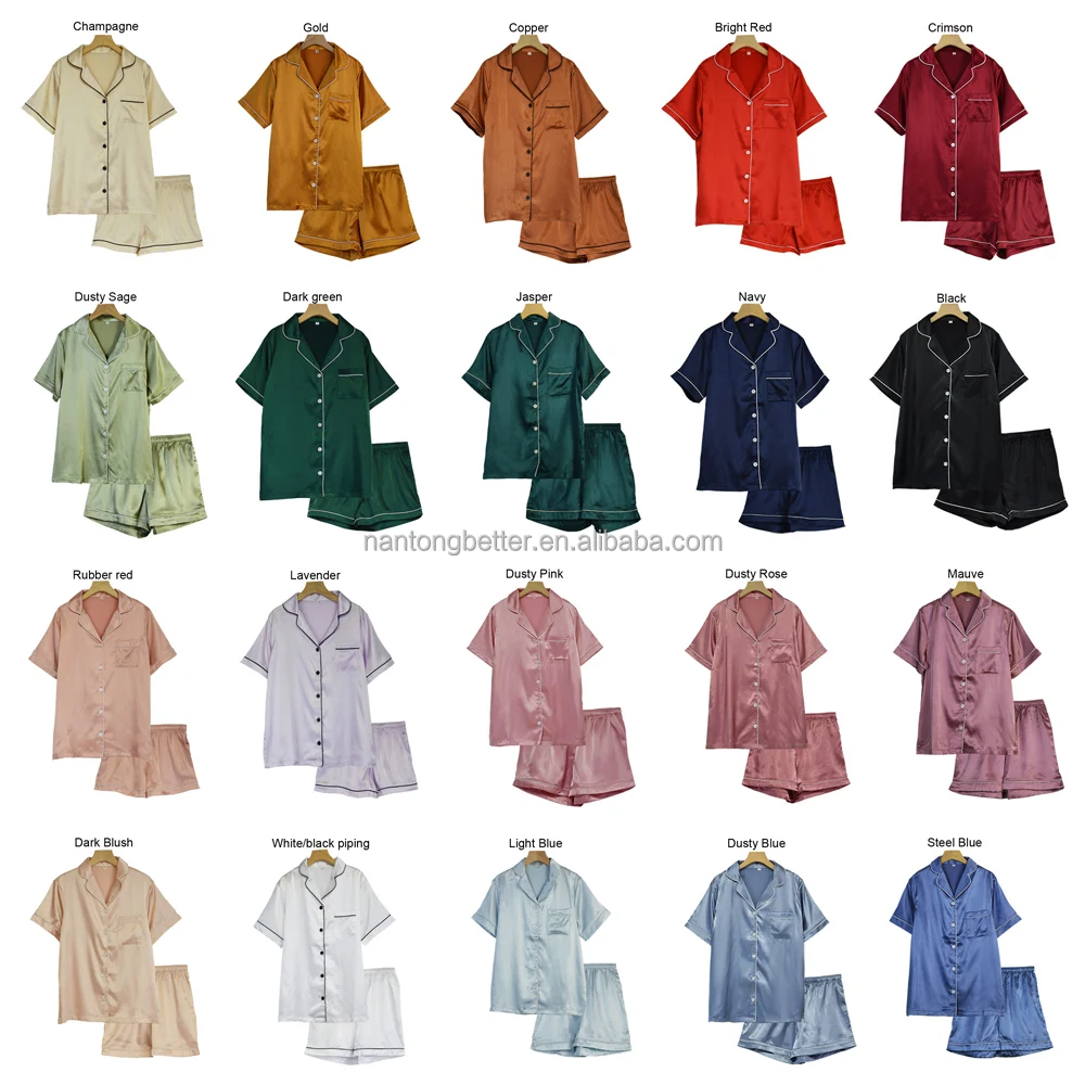 RTS Luxury Soft Solid 21 Colors Short Sleeve Silk Women Pajamas Satin Pajama Set Two Piece Sleepwear Pjs