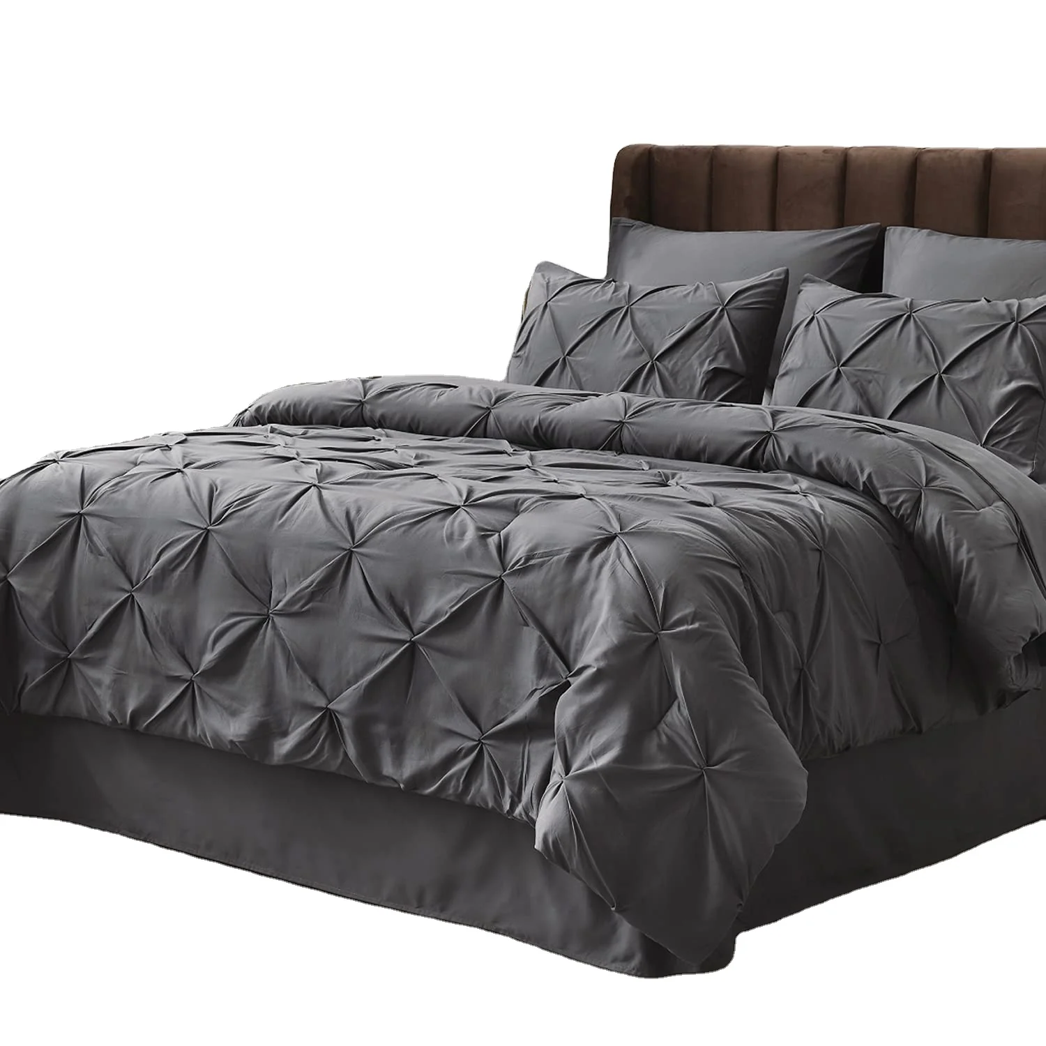 Dark Grey  Bedding Comforter Sets 8 Pieces Pintuck Bed Comforters, Duvet quilt Sheets, Pillowcases & Shams