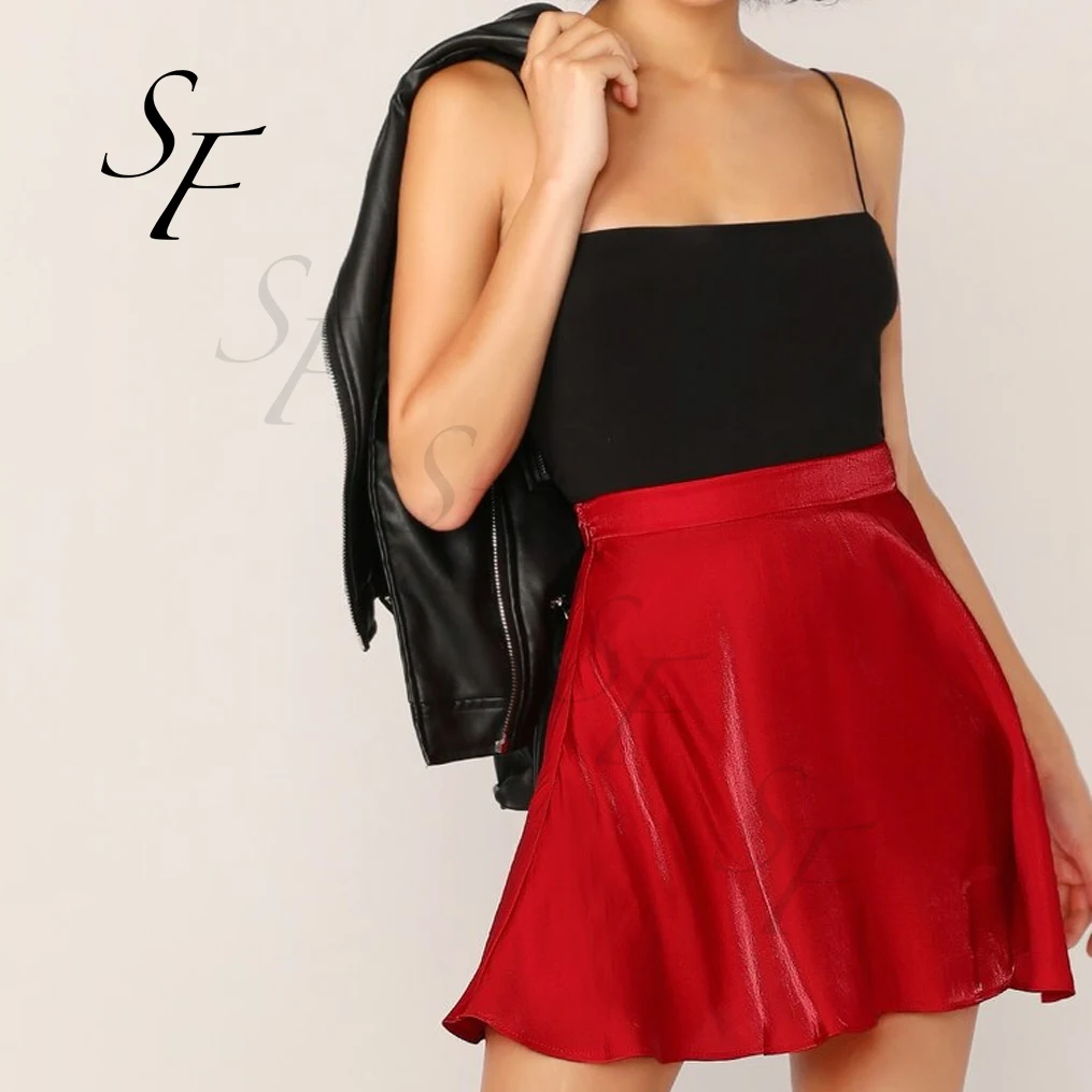 Custom summer casual party luxury plain elastic waist flare short length silk fabric satin evening flared skirts