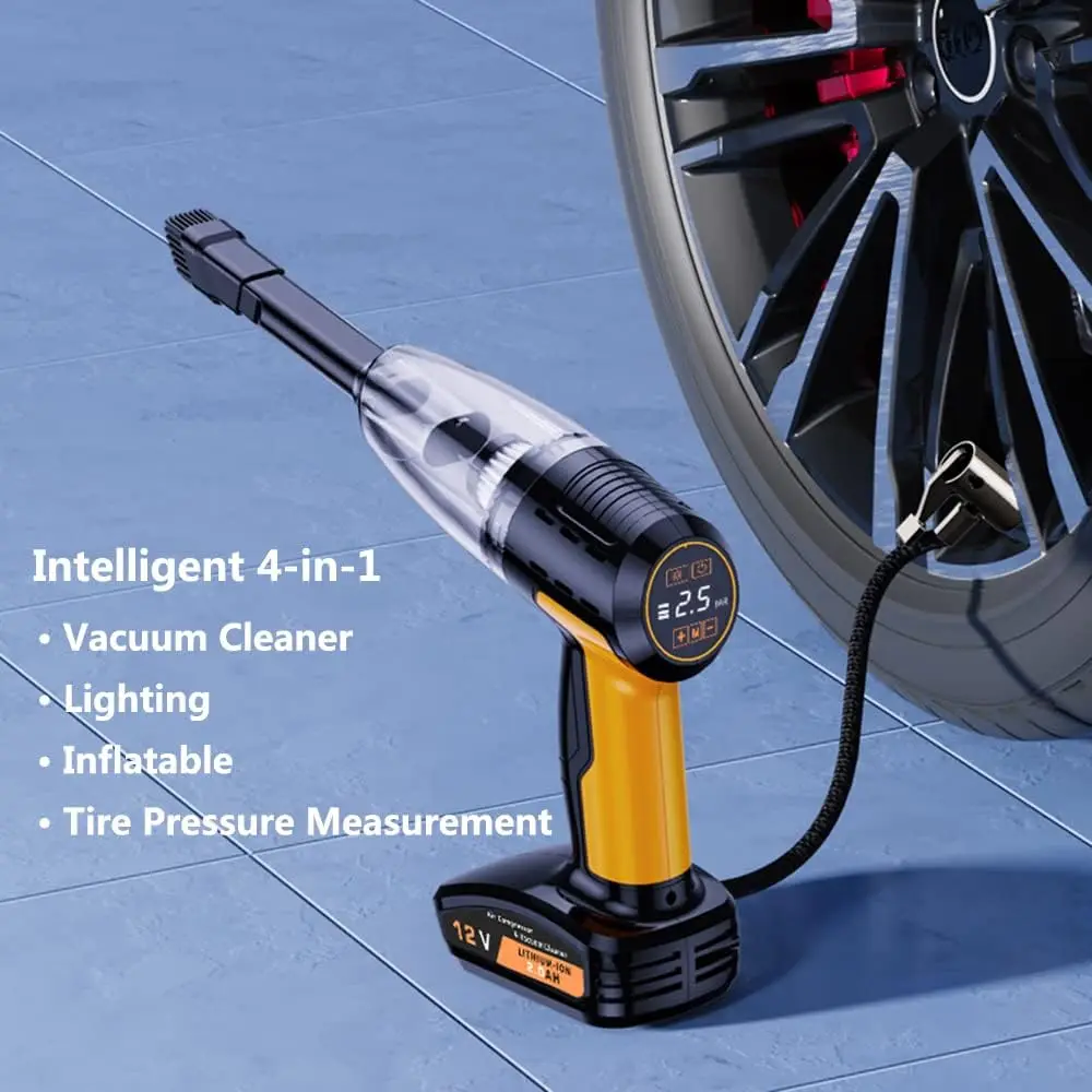 Wireless Car Vacuum Cleaner Tire Inflator  Air Compressor with Digital Tire Pressure Gauge LCD Display- Rechargeable